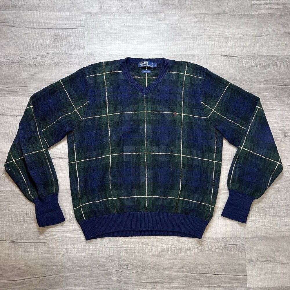 Vintage Polo Ralph Lauren V-Neck Sweater Mens Large Black Watch Tartan Plaid